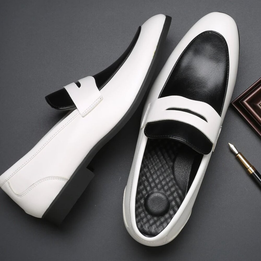 Santimon Men's US 9.5, White & Black Penny Loafers Slip On Dress Shoes